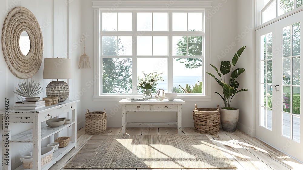 A coastal entryway with a white console table, nautical decor, light wooden flooring, large windows, and a bright, welcoming atmosphere, hd quality, natural look. --ar 16:9 --v 6.0 --s 250 --style raw A coastal entryway with a white console table, nautical decor, light wooden flooring, large windows, and a bright, welcoming atmosphere, hd quality, natural look. --ar 16:9 --v 6.0 --s 250 --style raw