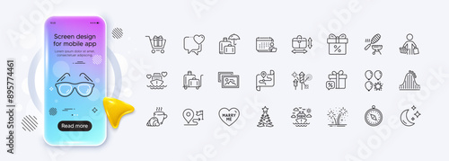 Handbag size, Sale gift and Ship travel line icons for web app. Phone mockup gradient screen. Pack of Accounting, Christmas tree, Fireworks rocket pictogram icons. Vector