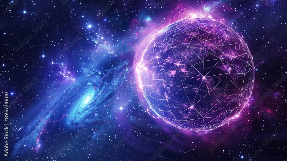 abstract network of luminous nodes and connections forming a globe shape deep space background with distant galaxies cool blue and purple color scheme abstract network of luminous nodes and connections forming a globe shape deep space background with distant galaxies cool blue and purple color scheme