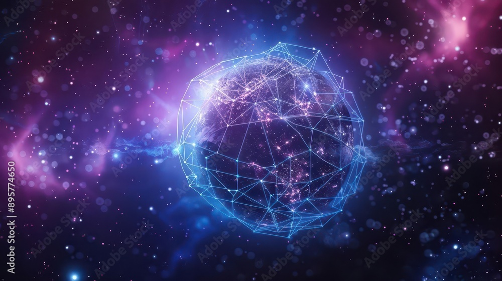 abstract network of luminous nodes and connections forming a globe shape deep space background with distant galaxies cool blue and purple color scheme abstract network of luminous nodes and connections forming a globe shape deep space background with distant galaxies cool blue and purple color scheme