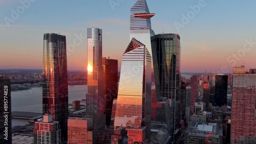 Aerial view of Hudson Yards skyscrapers in New York City at sunset.