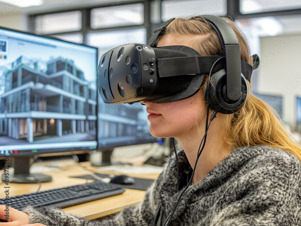 A student wearing a virtual reality headset and headphones is engaged in a VR experience at a computer workstation, with a 3D architectural model displayed on the monitor