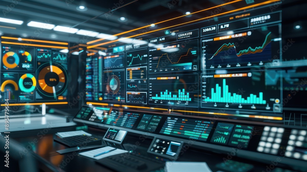 high-tech financial monitoring station with augmented reality displays showing live budget performance across different departments in a large corporation