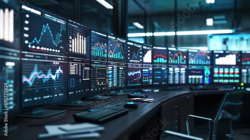 Wallpaper Mural high-tech financial control center with screens displaying complex budget algorithms and simulations in a dynamic, interactive format Torontodigital.ca