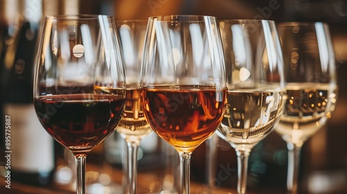 A close-up of wine glasses filled with different types of red and white wines