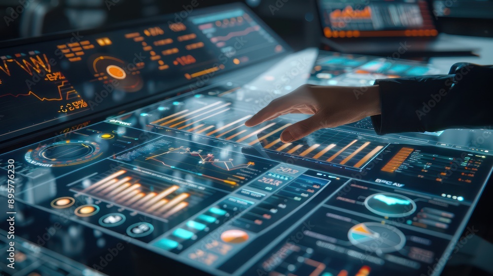 high-tech financial planning interface on a smart table, where users can expand and manipulate 3D graphs of budget allocations with hand gestures high-tech financial planning interface on a smart table, where users can expand and manipulate 3D graphs of budget allocations with hand gestures