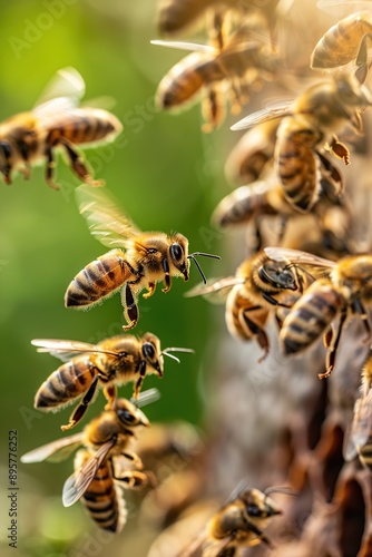vertical image closeup of a swarm of honey bees flying near a wooden hive