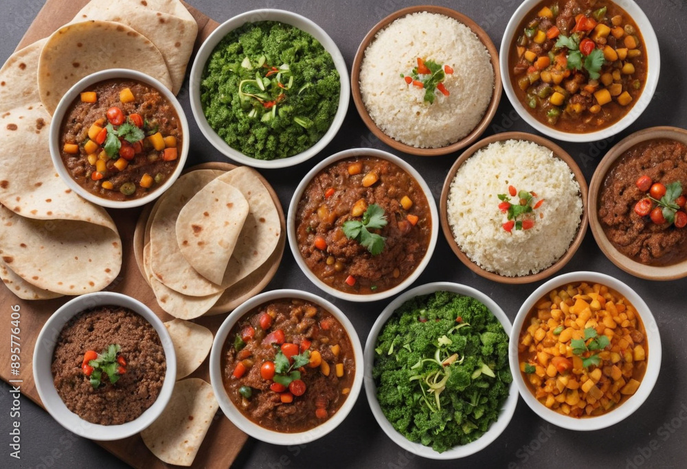 Traditional Ethiopian injera bread spread with colorful vegetable stews. Traditional Ethiopian injera bread spread with colorful vegetable stews.