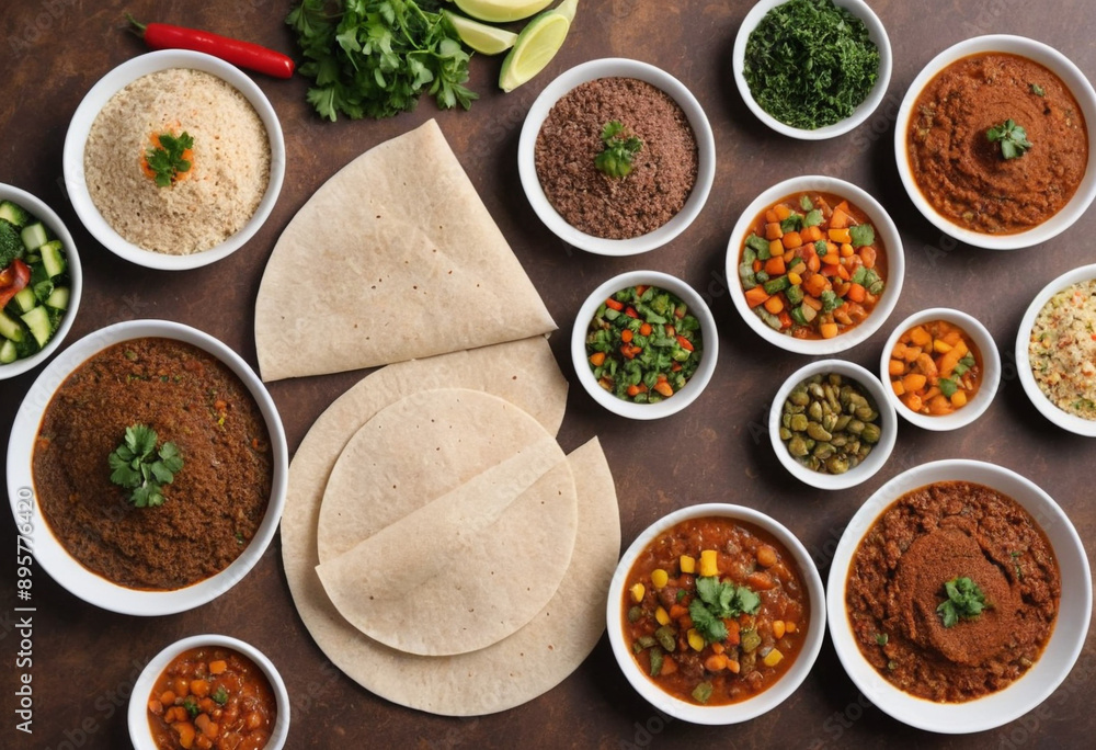 Traditional Ethiopian injera bread spread with colorful vegetable stews. Traditional Ethiopian injera bread spread with colorful vegetable stews.