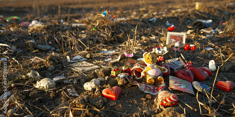 Empty Hearts: An empty field, scattered with discarded toys and torn photographs, symbolizing the lost innocence of a nation Empty Hearts: An empty field, scattered with discarded toys and torn photographs, symbolizing the lost innocence of a nation