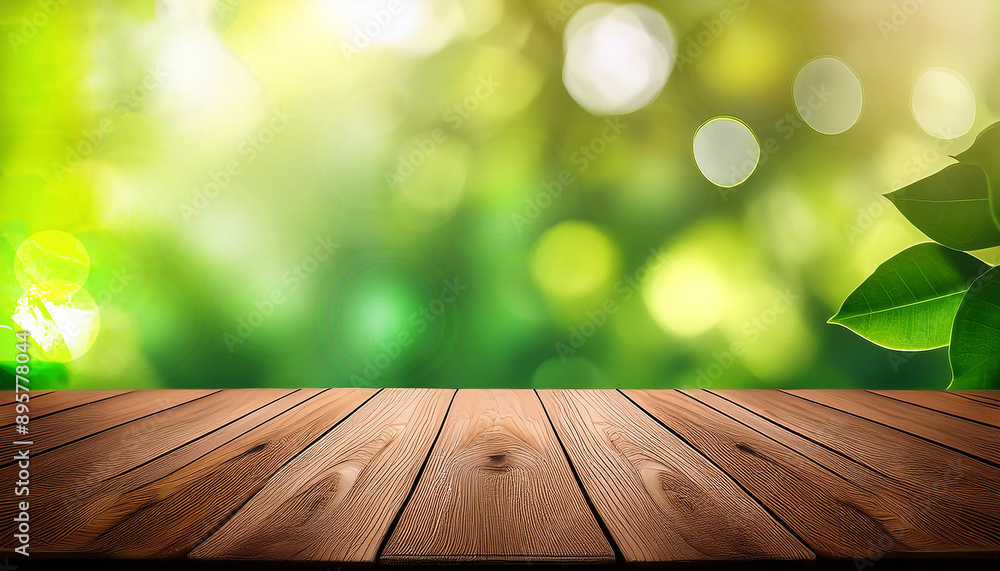 empty brown wood on bokeh green background