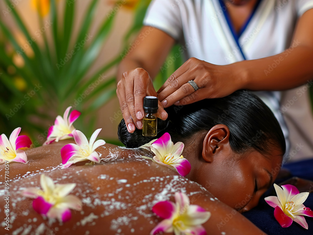 A woman is getting a massage with flowers in the background. The flowers are pink and purple and are scattered around the woman