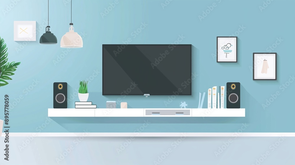 Minimalist modern white TV shelf with books , decorations and sound system. Rich vector graphic template Minimalist modern white TV shelf with books , decorations and sound system. Rich vector graphic template