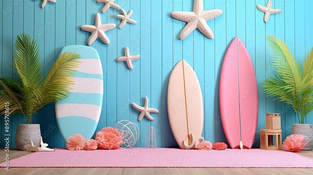 a bright summer beach themed photo backdrop with surfboards, starfish and pink rug, blue wood panel wall photography.wallpaper, background, backdrop. a bright summer beach themed photo backdrop with surfboards, starfish and pink rug, blue wood panel wall photography.wallpaper, background, backdrop.