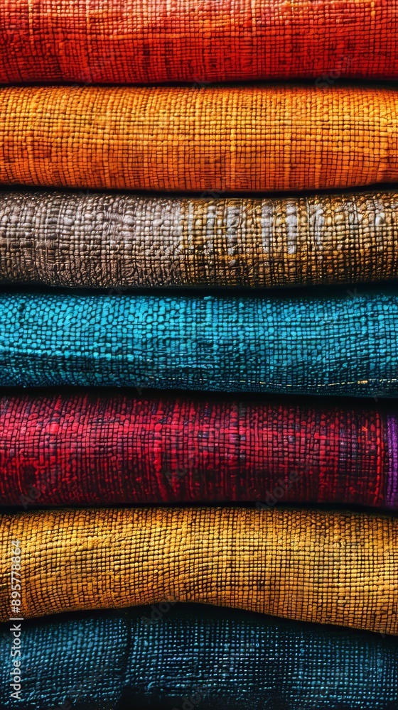 A stack of colorful fabrics with a variety of shades and textures A stack of colorful fabrics with a variety of shades and textures