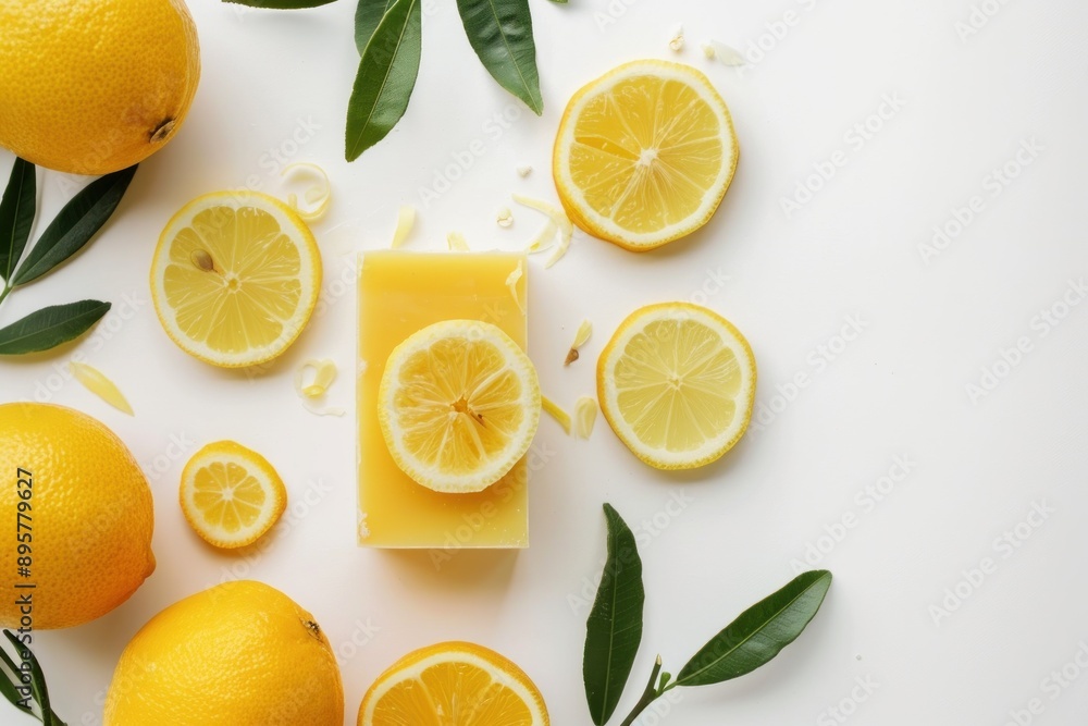 Artisan made natural handmade lemon oil soap piece on a white background with citrus composition Artisan made natural handmade lemon oil soap piece on a white background with citrus composition