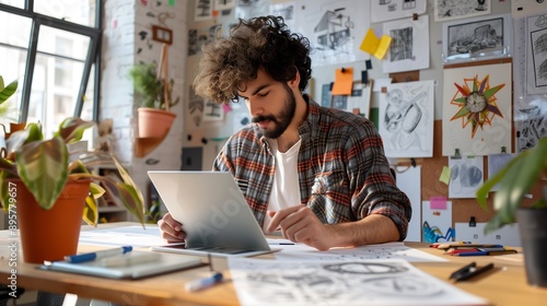 Man Working on a Laptop in an Artistic Studio