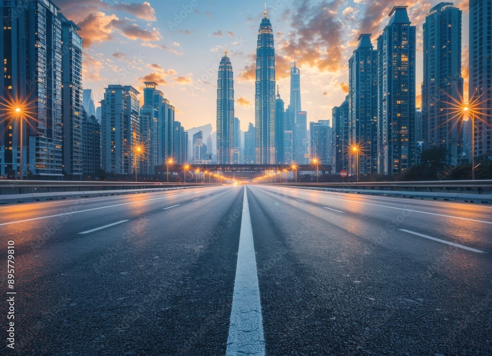 Obraz premium Empty Highway Towards Skyscrapers