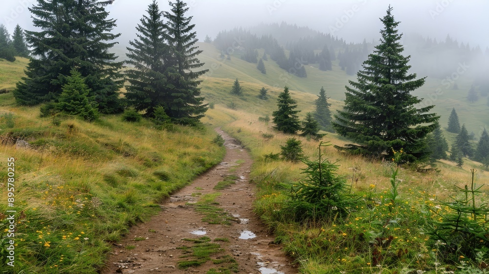 A path through a forest with a few trees and a few flowers A path through a forest with a few trees and a few flowers