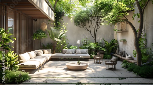 A minimalist patio with modern furniture, clean lines, minimal decor, lush greenery, open and inviting space, emphasizing simplicity and relaxation, neutral color scheme, hd quality, natural look.