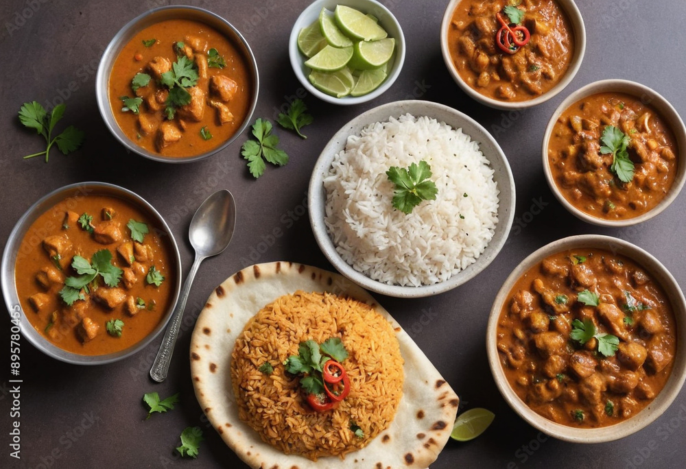 Vibrant display of colorful Indian curries with rice and naan bread. Vibrant display of colorful Indian curries with rice and naan bread.