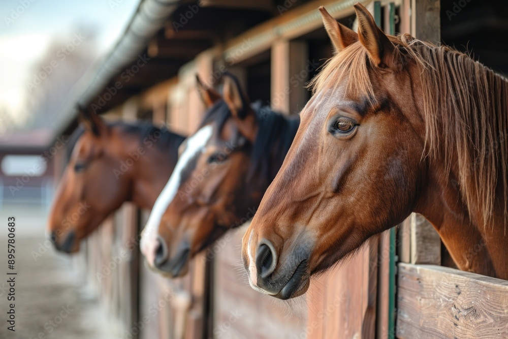 Fototapeta premium Beautiful horses in a stall in a row, horse corral on a sunny day