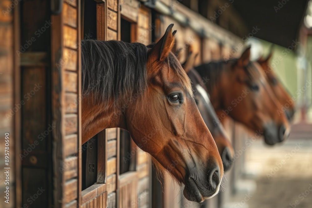 Beautiful horses in a stall in a row, horse corral on a sunny day Beautiful horses in a stall in a row, horse corral on a sunny day