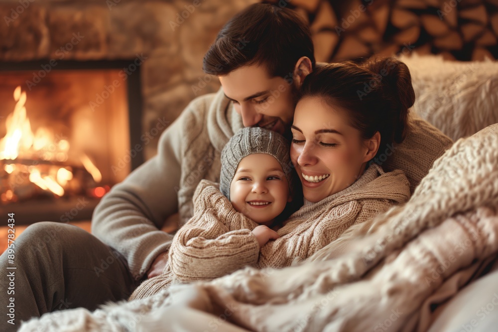 Close up photo of a happy family wearing a woollen sweater, sitting inside a warm house on a cold winter's day, soft warm light emphasising the comfortable atmosphere. Knitwear and knitting concept. Close up photo of a happy family wearing a woollen sweater, sitting inside a warm house on a cold winter's day, soft warm light emphasising the comfortable atmosphere. Knitwear and knitting concept.
