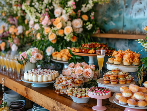 A beautifully arranged bridal shower brunch features a mimosa bar and a variety of elegant pastries and finger foods, set against a backdrop of lush floral arrangements