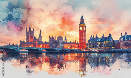 Watercolor London cityscape with Houses of Parliament and Big Ben tower at sunset, UK