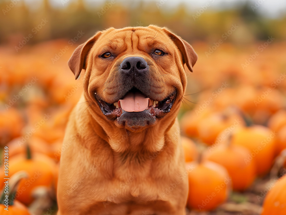 A Bullmastiff stands happily in a field filled with pumpkins, with a wide smile and a background of blurred orange pumpkins and green foliage A Bullmastiff stands happily in a field filled with pumpkins, with a wide smile and a background of blurred orange pumpkins and green foliage