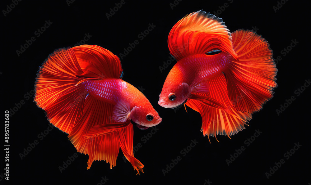 Beautiful movement of red betta fish, Two Fancy Halfmoon Betta, The moving moment beautiful of Siamese Fighting fish, Betta splendens, Rhythmic of Betta fish isolated on black background Beautiful movement of red betta fish, Two Fancy Halfmoon Betta, The moving moment beautiful of Siamese Fighting fish, Betta splendens, Rhythmic of Betta fish isolated on black background