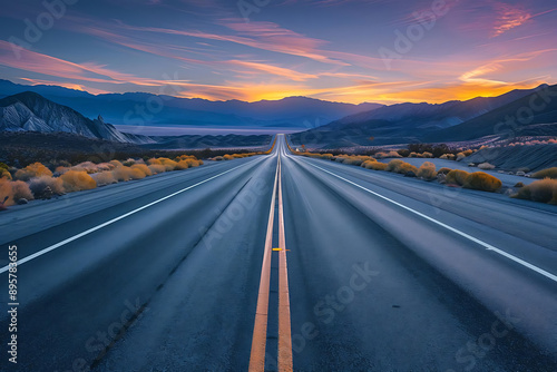 A scenic view of an empty road stretching into the horizon at sunset, surrounded by mountains and vibrant sky colors.