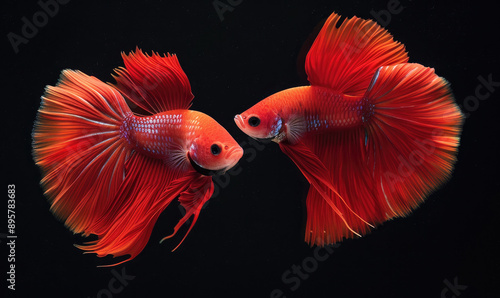 Beautiful movement of red betta fish, Two Fancy Halfmoon Betta, The moving moment beautiful of Siamese Fighting fish, Betta splendens, Rhythmic of Betta fish isolated on black background