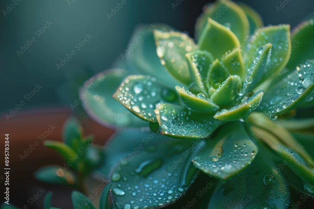 Close up of a green plant, succulent with water drops, background Close up of a green plant, succulent with water drops, background