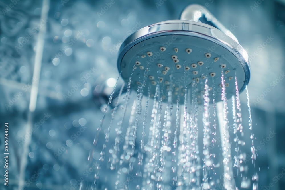 Close up shower head with running water in bathroom Close up shower head with running water in bathroom