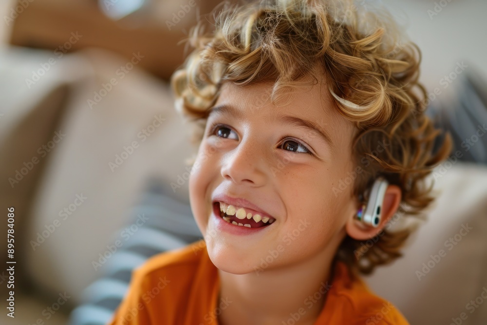 Close up smiling kid with hearing aid in ear Close up smiling kid with hearing aid in ear