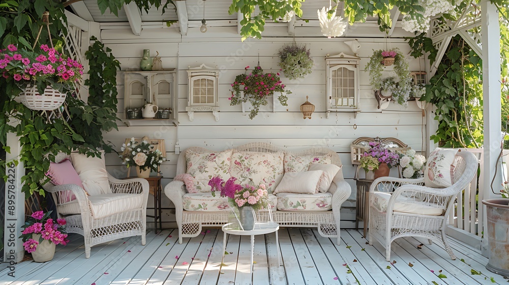 A shabby chic patio with distressed white furniture, floral cushions, pastel accents, vintage decor, soft lighting, and a cozy, inviting atmosphere, hd quality, natural look. --ar 16:9 --v 6. A shabby chic patio with distressed white furniture, floral cushions, pastel accents, vintage decor, soft lighting, and a cozy, inviting atmosphere, hd quality, natural look. --ar 16:9 --v 6.