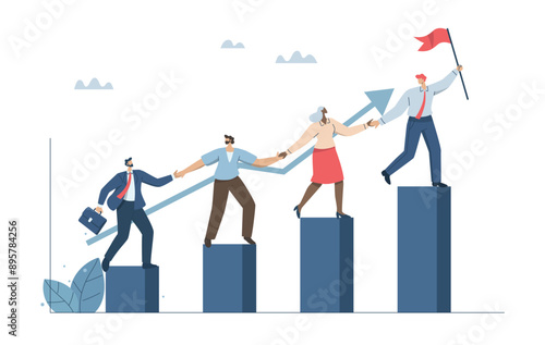 Team growth, Teamwork towards shared success, Partner or colleague support, Business cooperation concept, Leaders with flags join hands with team and climb the growth graph. Vector design.