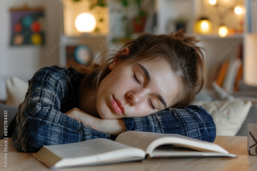 Close-up and front view of a lazy student girl at home resting with her head leaning on the open school book Close-up and front view of a lazy student girl at home resting with her head leaning on the open school book