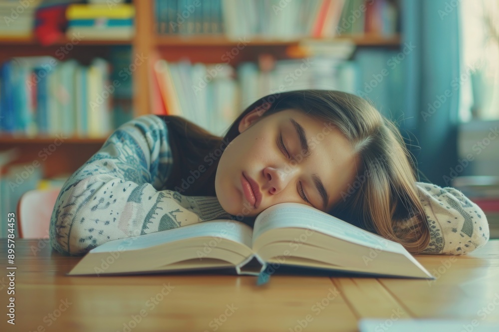Close-up and front view of a lazy student girl at home resting with her head leaning on the open school book Close-up and front view of a lazy student girl at home resting with her head leaning on the open school book
