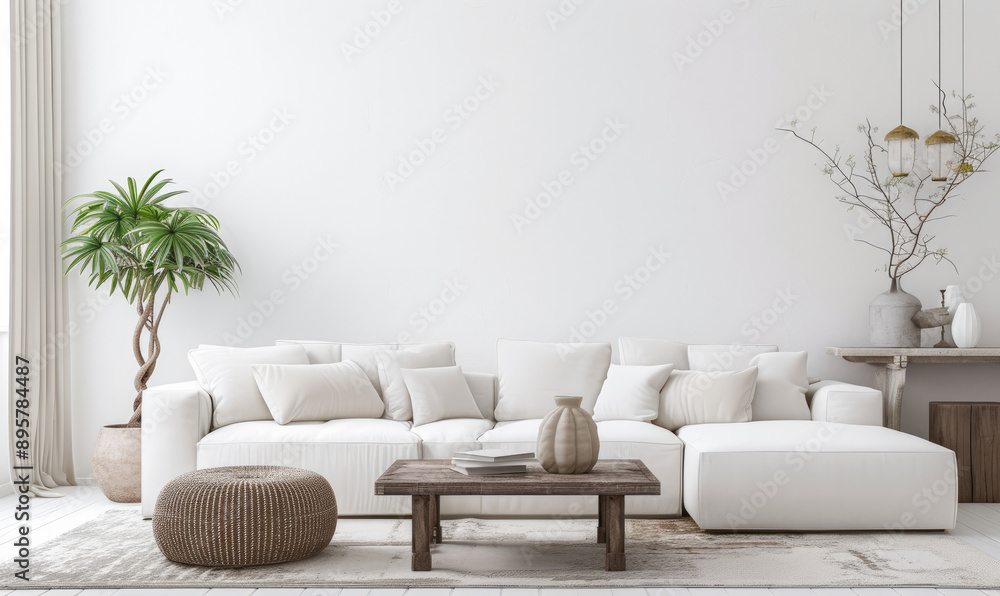 Trendy white living room with white modern decoration, simple home decor Trendy white living room with white modern decoration, simple home decor