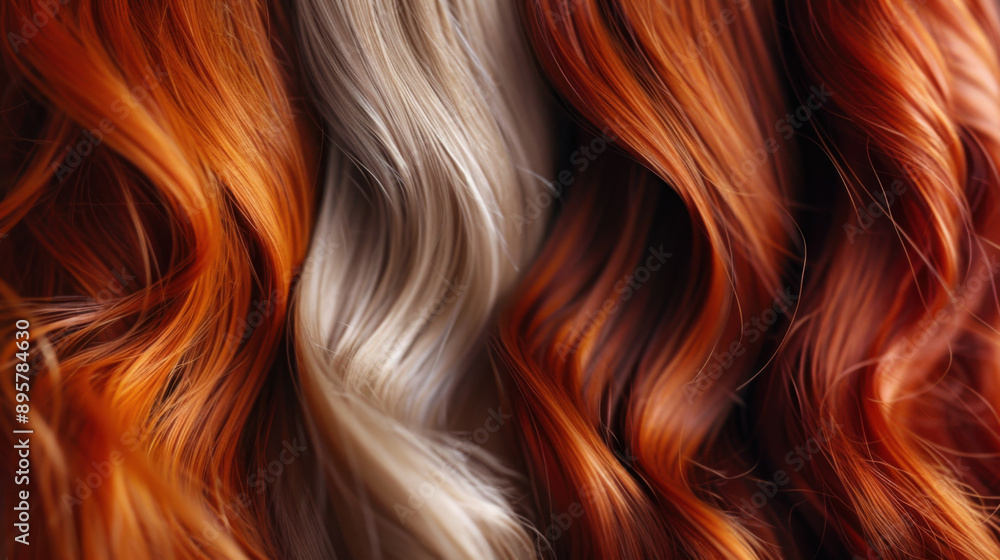 Close-up view of wavy strands of red and blonde hair, showcasing texture and color variation. Close-up view of wavy strands of red and blonde hair, showcasing texture and color variation.