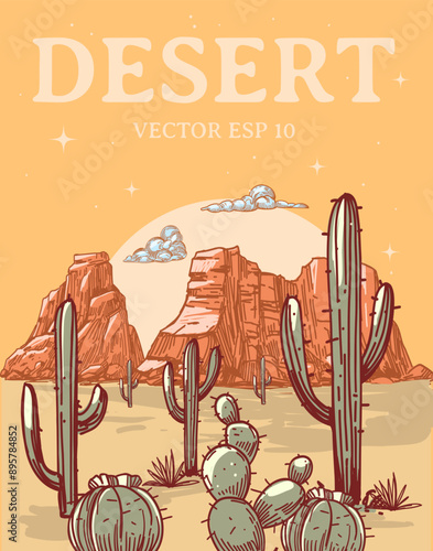 Desert set, wild west, arizona, realistic sketch, hand drawn vector