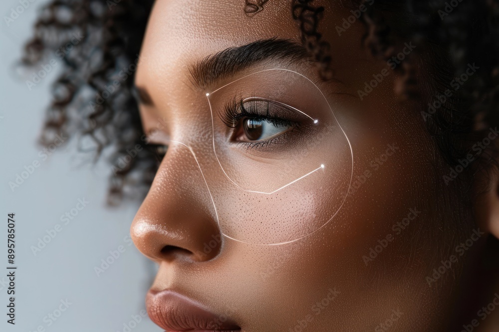 Fototapeta premium Close-up of a black woman face with lines drawn to highlight potential cosmetic enhancement areas