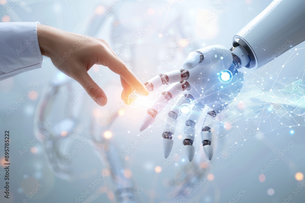 Close-up of a human hand pressing against a robotic palm, with data streams flowing between them Close-up of a human hand pressing against a robotic palm, with data streams flowing between them