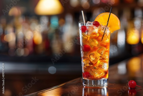 Tall glass filled with a golden-brown cocktail, ice cubes, and a bar background.