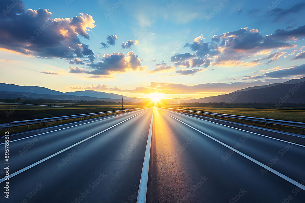 Naklejka premium A stunning sunrise illuminating a long, open road, surrounded by picturesque mountains and vibrant clouds.