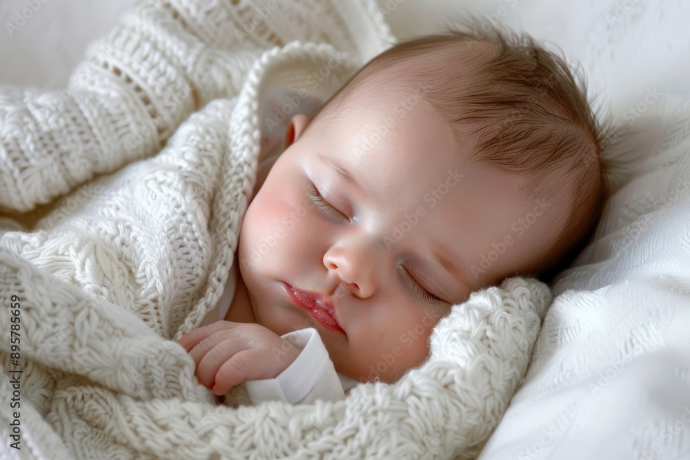 Close-up of a sleeping newborn baby swaddled in a soft blanket, against a pristine white background Close-up of a sleeping newborn baby swaddled in a soft blanket, against a pristine white background