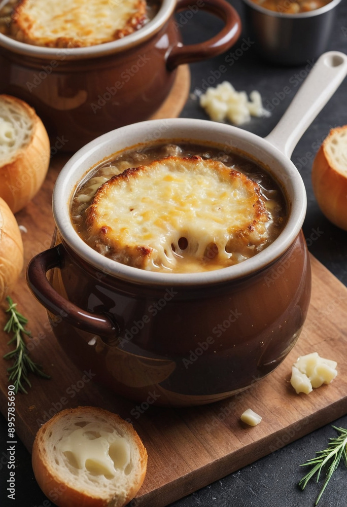 Bubbling pot of French onion soup with a melted cheese crust. Bubbling pot of French onion soup with a melted cheese crust.